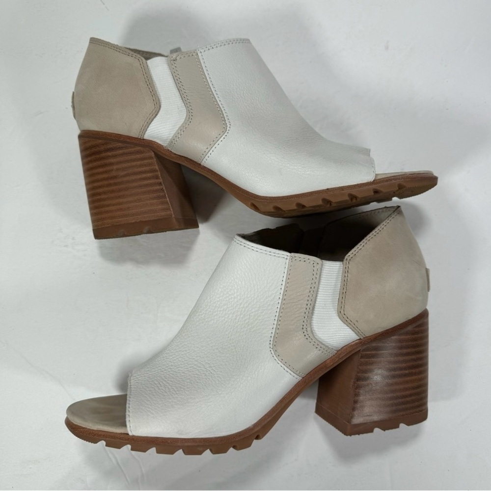 Sorel White and Tan Block Heel Peep-Toe Ankle Booties